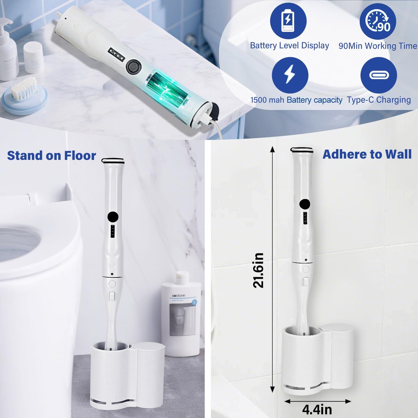 Electric Toilet Brush Scrubber and Holder Set,Electric Toilet Bowl Cleaning Kit with 8 Disposable Refill Heads,Hard Nylon Brush and Soft Silicone Brush