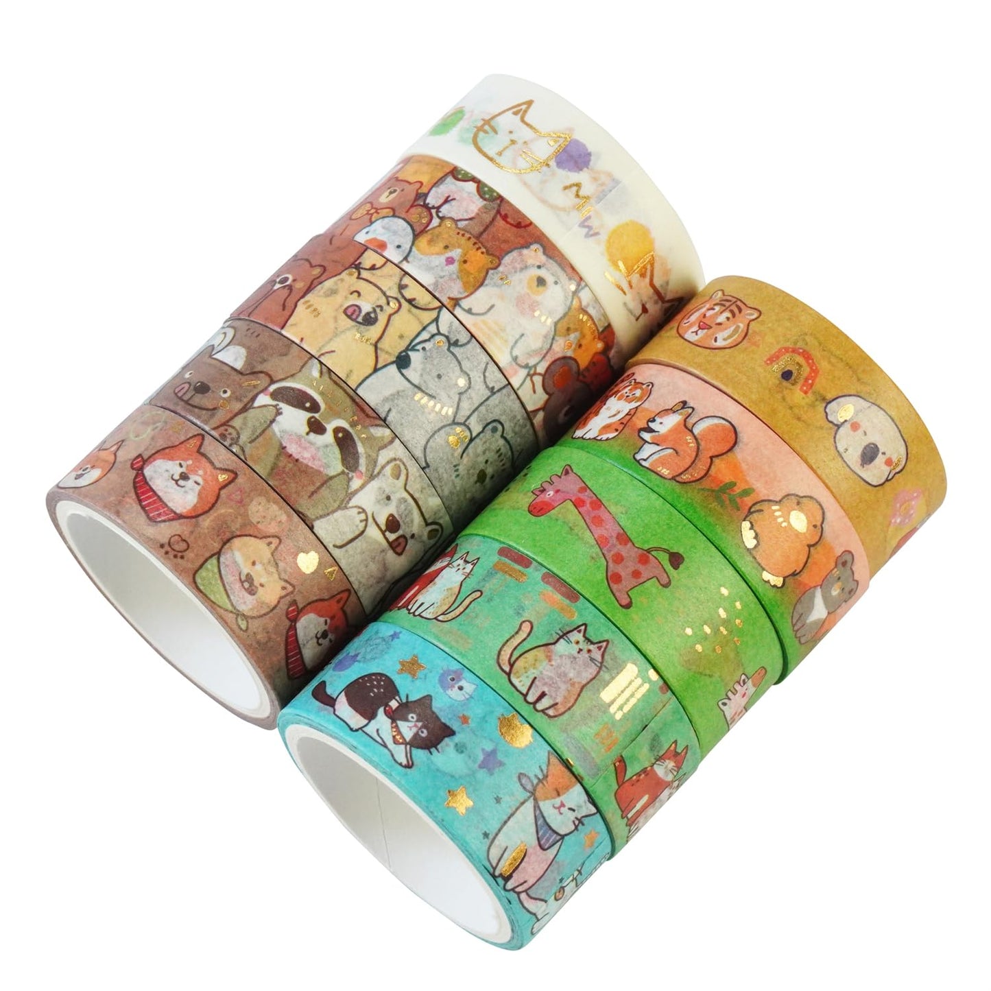 Baijixin 20 Rolls Cute Animals Washi Tape Set, Gold Silver Foil Cartoon Pets Decorative Tape for Bullet Journal, Planner, DIY Arts Crafts, Scrapbooking, Holiday Decoration