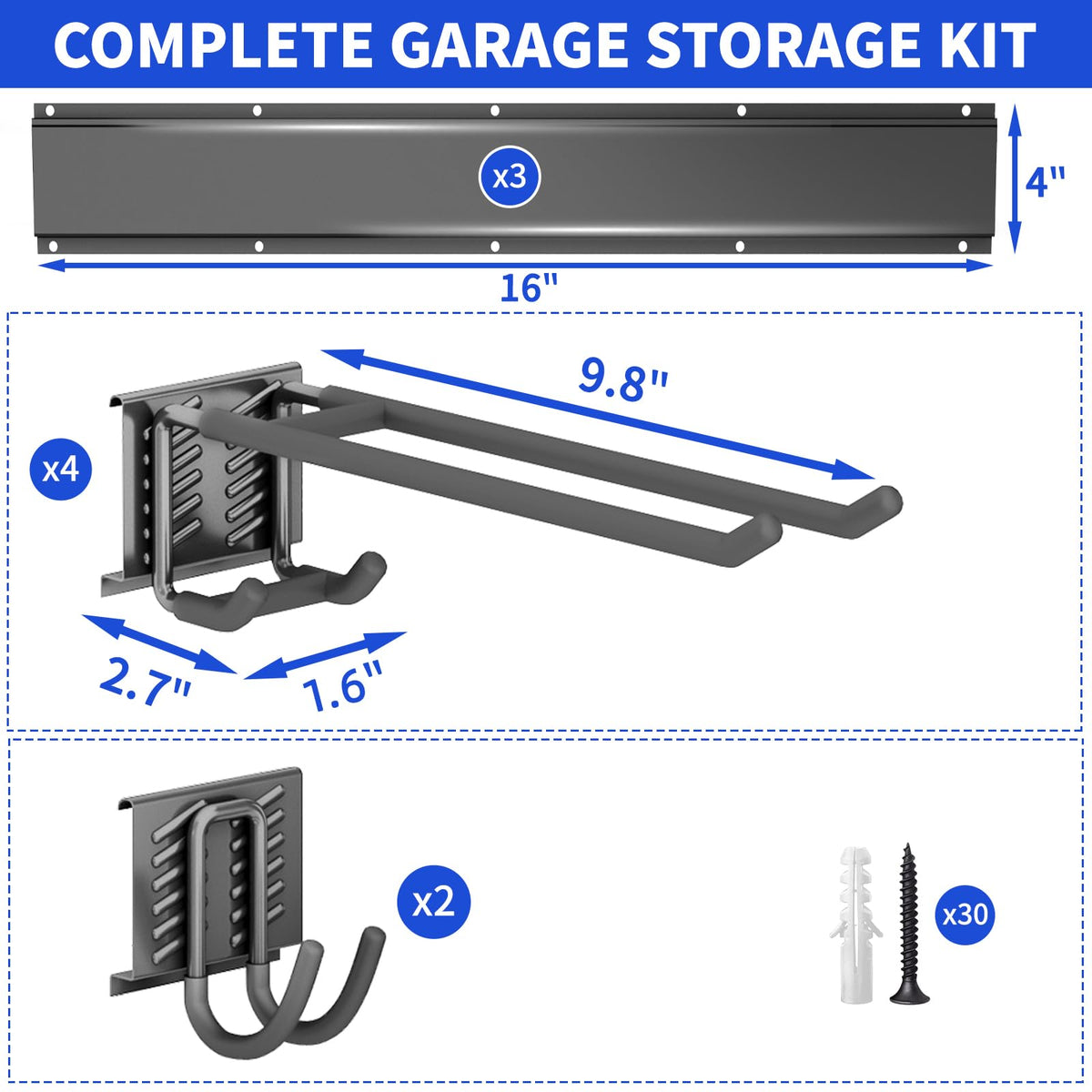 CRXCRC Garage Wall Organizer Wall Mount, 48inch Heavy Duty Garden Tool organizer Storage System, Easy Install With 6 Adjustable Hooks, For Garage, Basement, Shed, Workshop(Black)