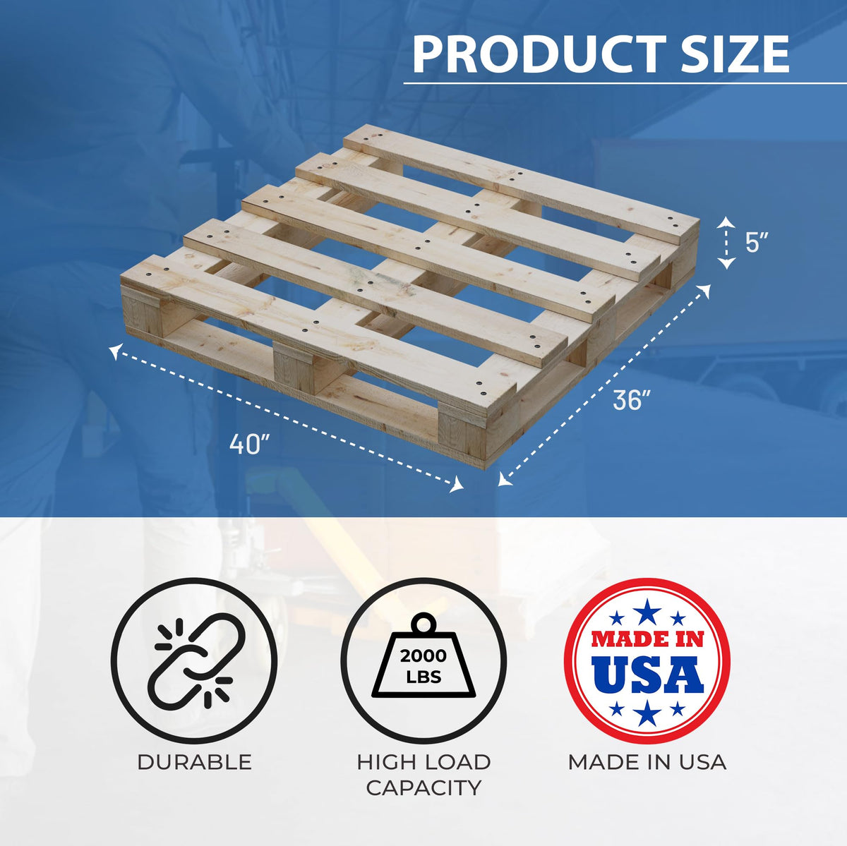 Treaton, Heavy-Duty 4-Way Entry Wooden Pallet – 40x36x5”, Industrial-Grade Hardwood Shipping Pallet, Durable, Reusable, Stackable, Easy to Handle, Commercial Use as a Floor-Pallet, 2 Pack