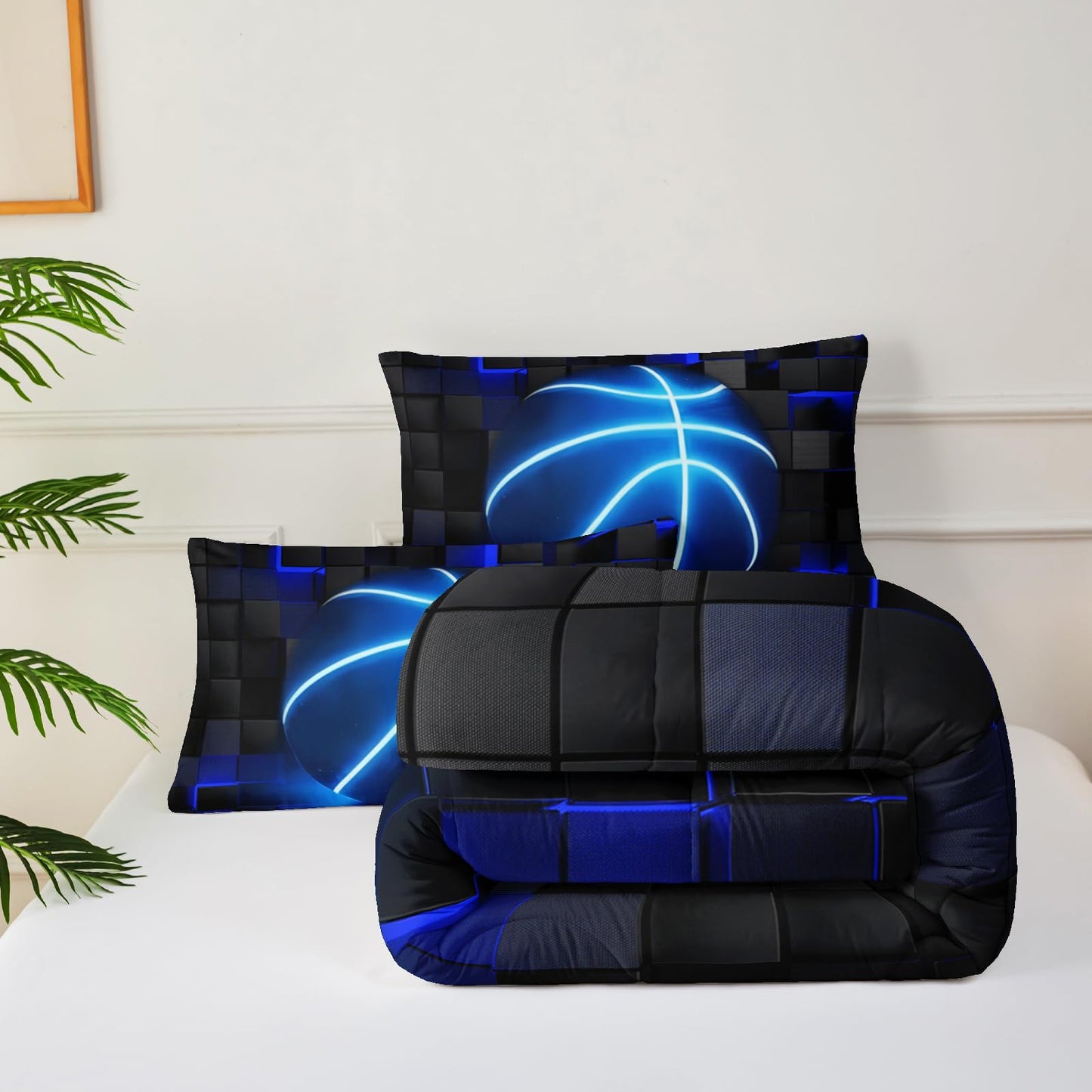 lneffble 3Pcs Football Comforter Set Twin Size for Teen Boys Girls,Soccer Quilt Set,Blue Black Honeycomb Comforter Set, 3D Geometric Grid Theme Ball Sport Bedding Set