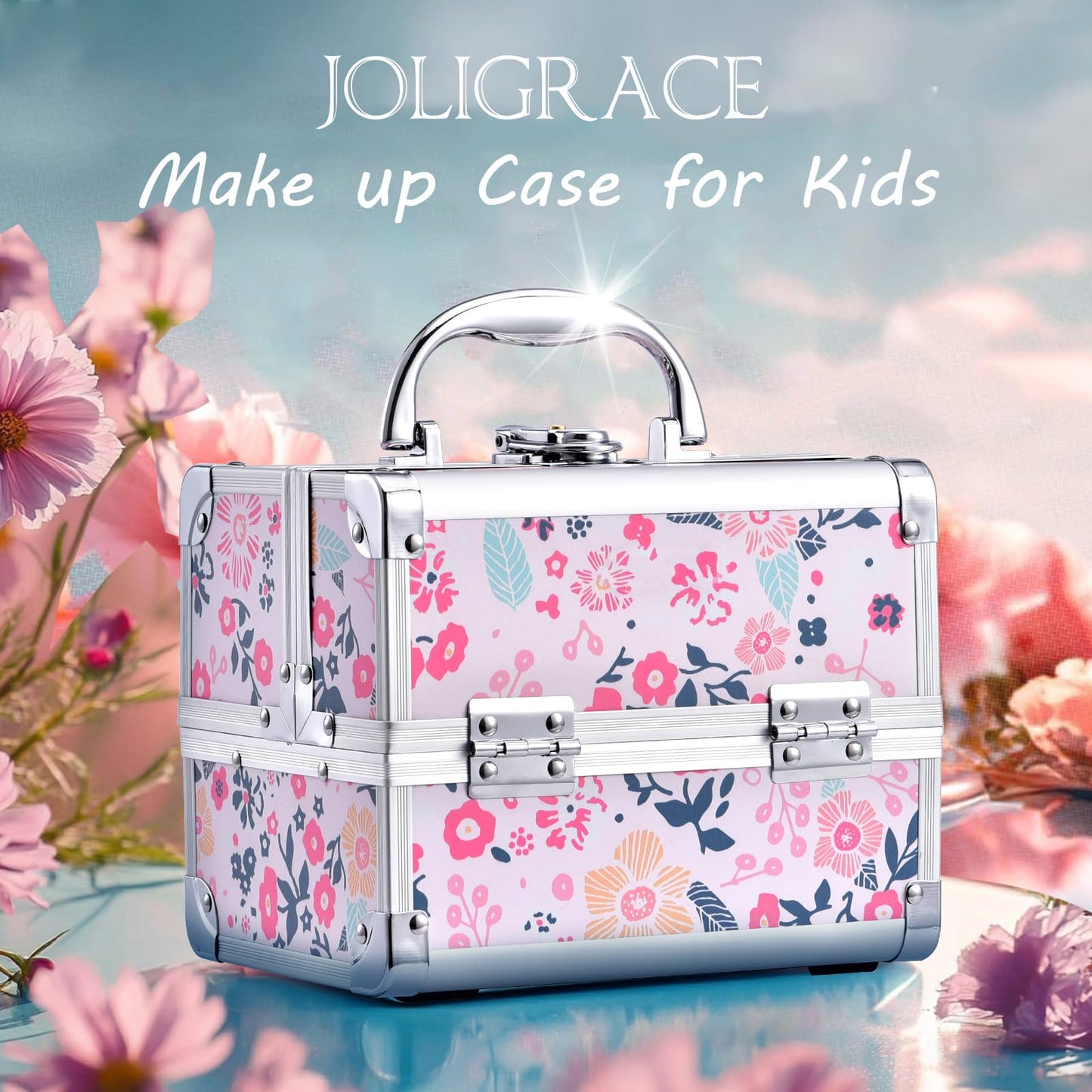 Joligrace Girls Makeup Box with Mirror Cosmetic Case Jewelry Organiser Light Weight Lockable with Keys (Beige Disty Florals)