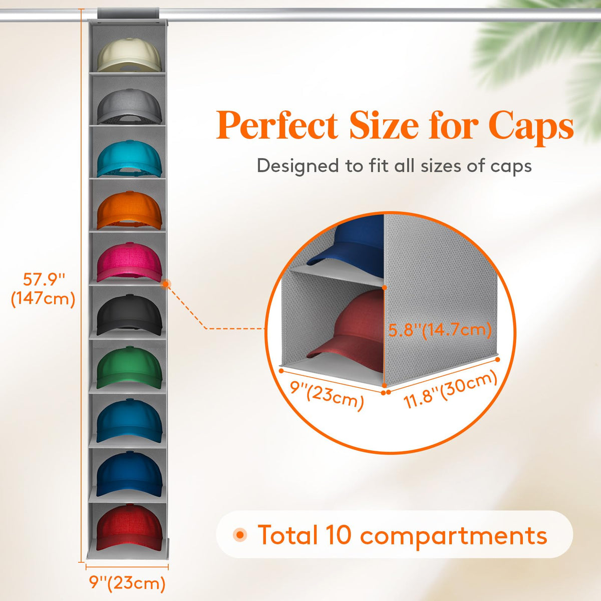 Lifewit 10 Compartments Hat Organizer for Baseball Caps, 1 Pack Hat Rack Hanging Storage organizer, Non-Woven Fabric Display Shelf Holds Up to 40 Hats, Cap Holder Hanger for Closet, Bedroom, Grey