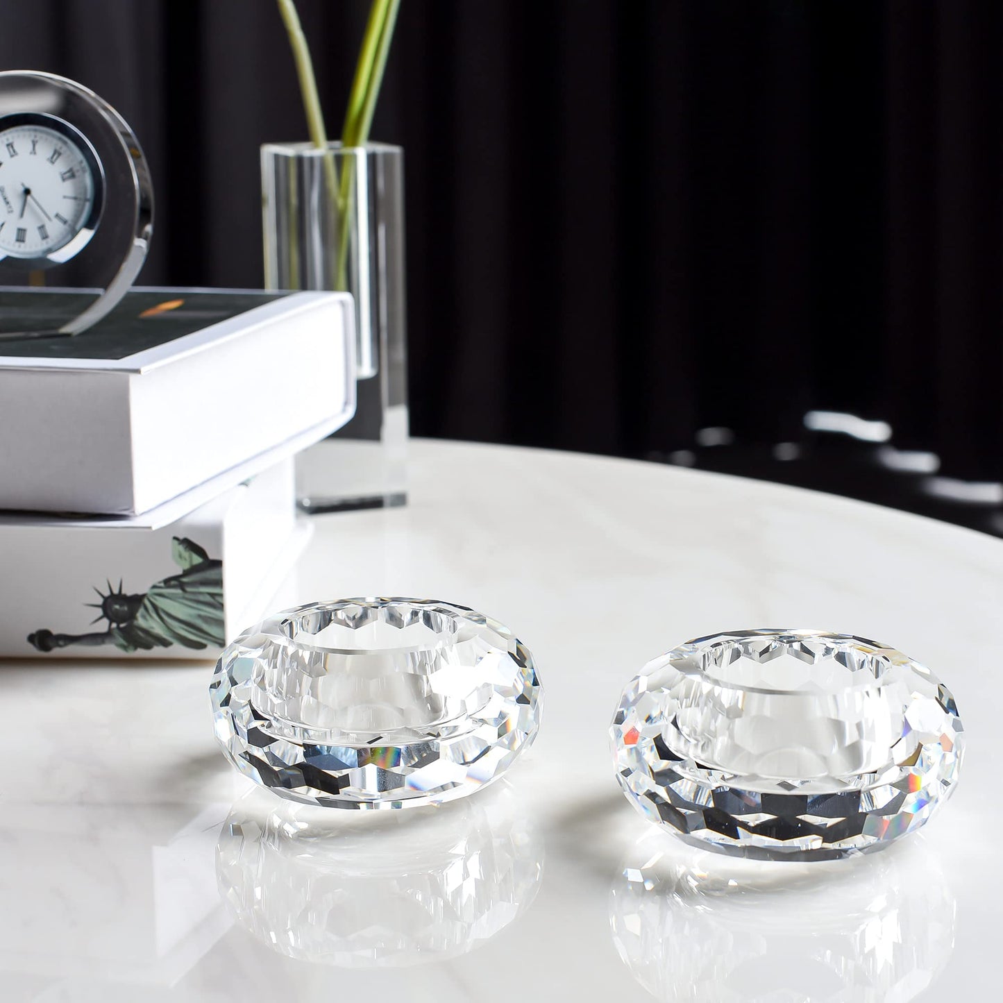 Kitcom Crystal Tealight Candle Holders Pack of 2, Hand-Cut Candle Holder Home Decor for Wedding Banquet Dinner 3.2" Diameter x 1.6" High, Clear