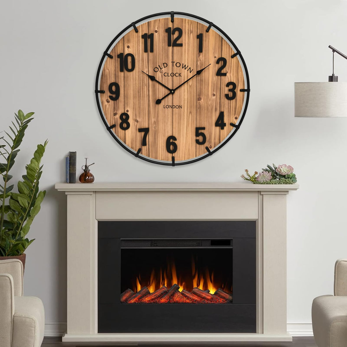 MICWIC 24 Inch Farmhouse Wall Clock Large Old Town Vintage Rustic Wooden Clock with Metal Rim and Large Numerals, Silent Battery-Operated for Office, Kitchen, Bedroom, and Living Room