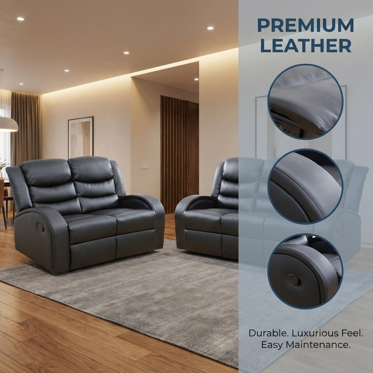 Trygoal Manual Recliner Sofa Set, Leather Reclining Living Room Furniture Set, Adjustable Backrest Reclining Loveseat Sofa and a 3 Seater Couch Furniture Set for Living Room, Home Theater, Black