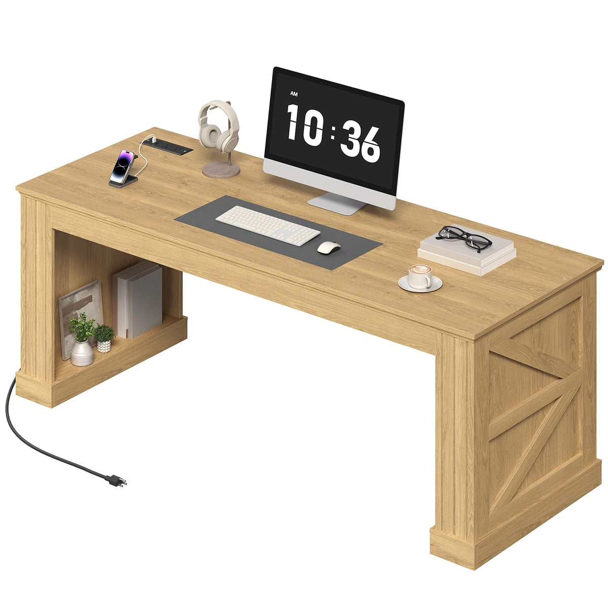 STHYTON 63-Inch Farmhouse Executive Desk, Long Computer Desk with Built-in Charging Station & Bottom Storage, Home Office Writing Study Desk for Bedroom, Living Room, Natural