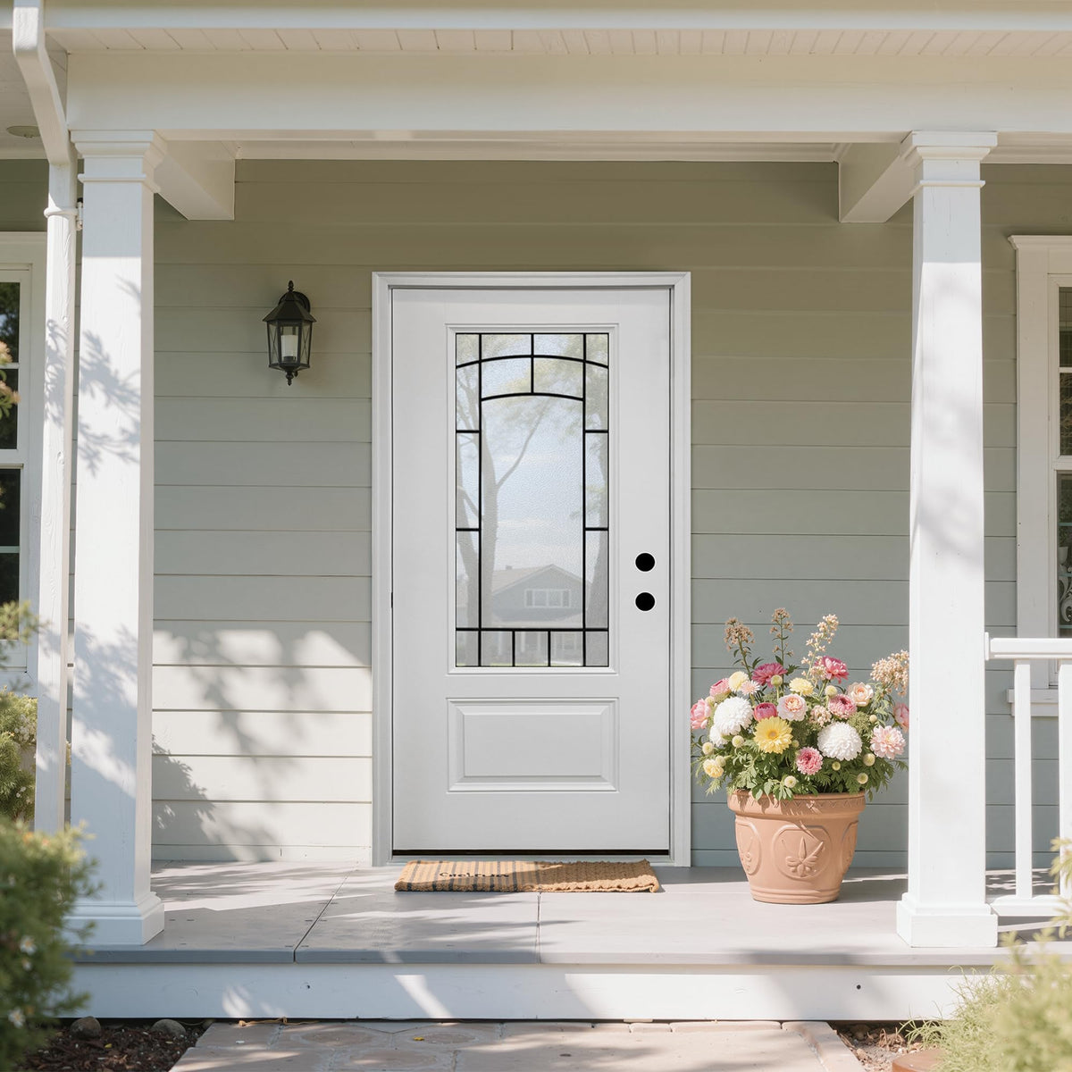 Casaphoria 36" x 80" Fiberglass Entry Door with White 4-9/16" Vinyl Frame,Left Hand Inswing Exterior Door with Brickmould, 3/4 View Wrought lron Glass Knock-Down Front Door for Home Entrance, White