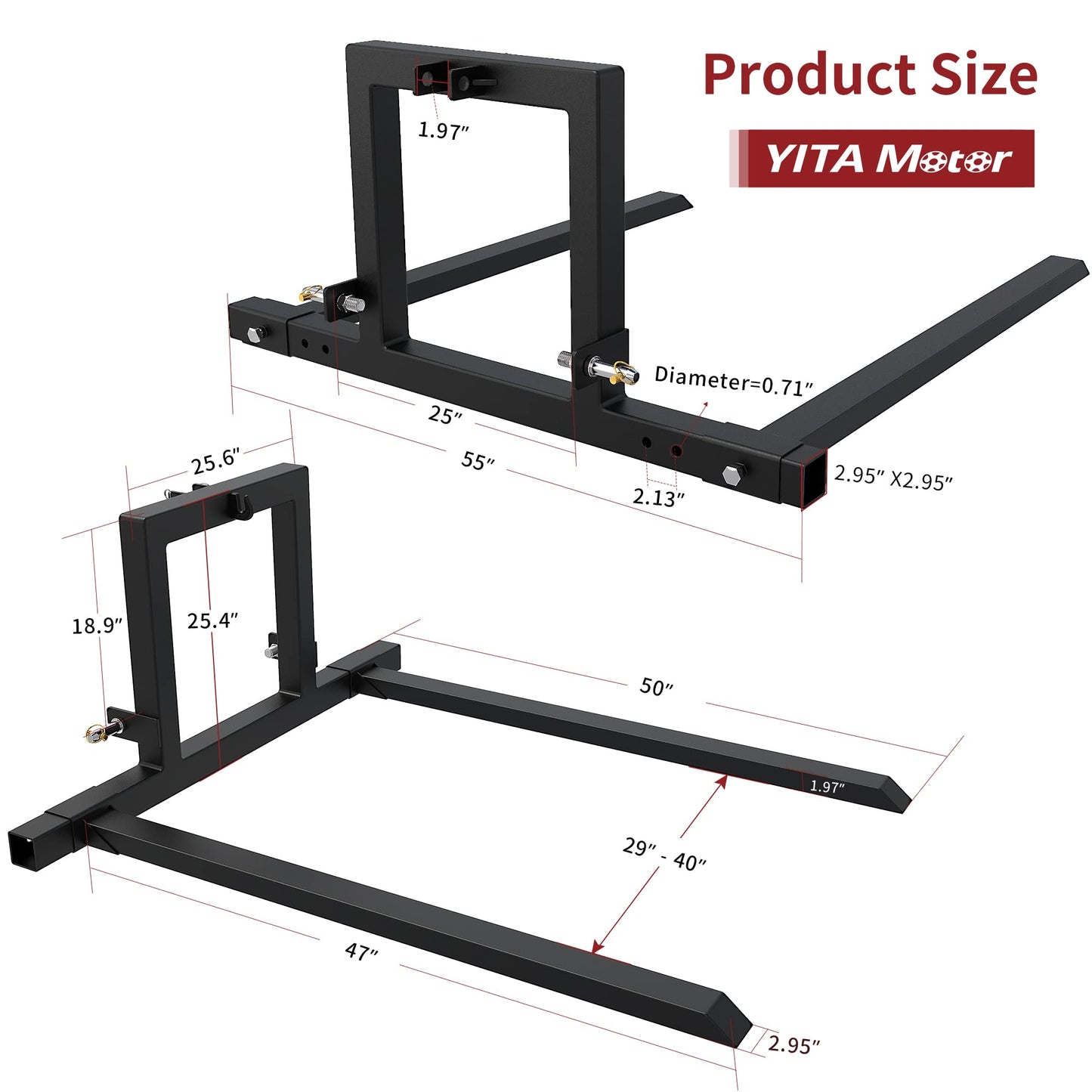 YITAMOTOR 3 Point Hitch Pallet Fork, 1500lbs Capacity Adjustable Pallet Fork Quick Hitch for Category 1