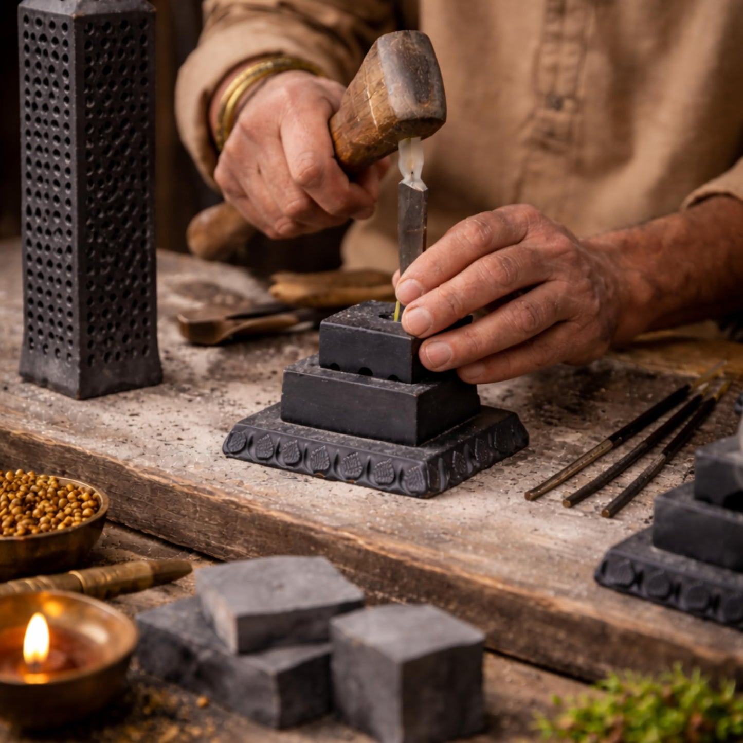 KC KULLICRAFT Handmade Marble Black Soapstone Incense Stick Burner | Candle Stick Holder | Tea Light Burner - Perfect Jaali Carving for Gifting. Decorative Home and Kitchen Decor (3 x 3 x 11 Inches).