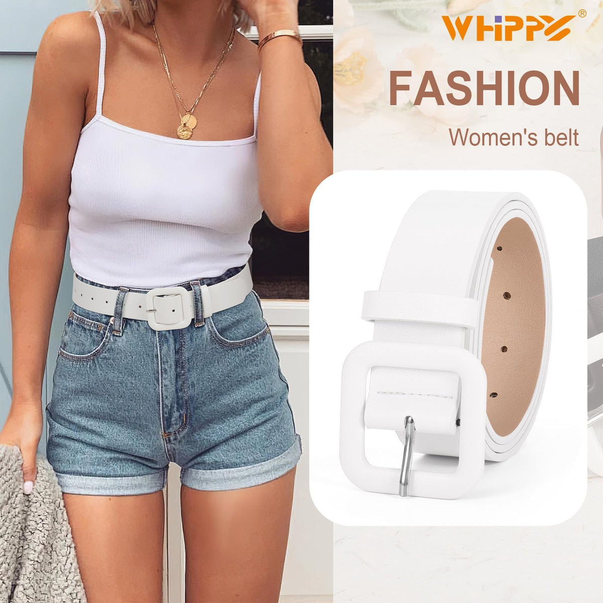 WHIPPY Women Leather Belt Candy Color Fashion Square Buckle Belt Ladies Belt for Jeans Pants Dresses, White, S