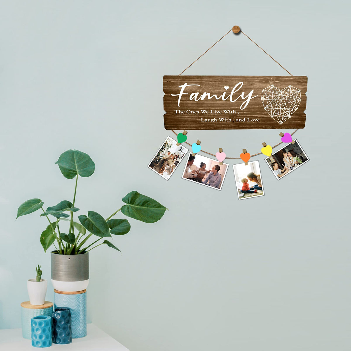 Buecasa Housewarming Gifts New Home Sign Decor- Family Wall Hanging Picture Frame with 6 Heart Clips 15.8x6.0 Inches