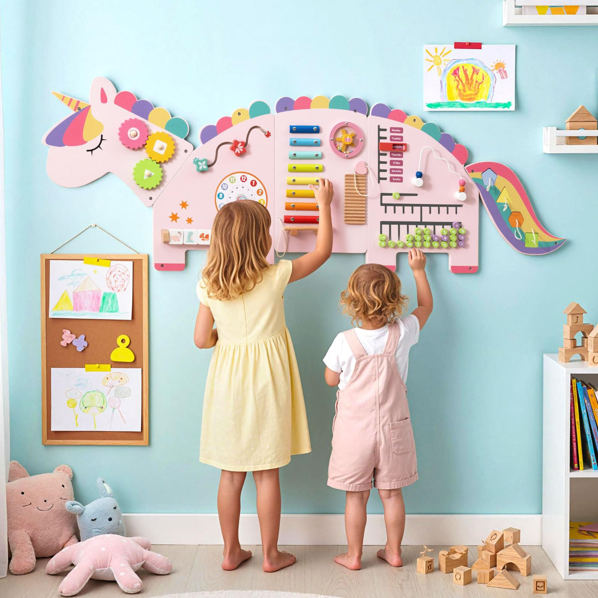 Costzon Activity Wall Busy Board, 11-in-1 Montessori Wooden Sensory Board Panels for Kids 3+, Wall-Mounted Toddler Learning Activity Center for Playroom, Daycare, Nursery, Classroom (Pink)