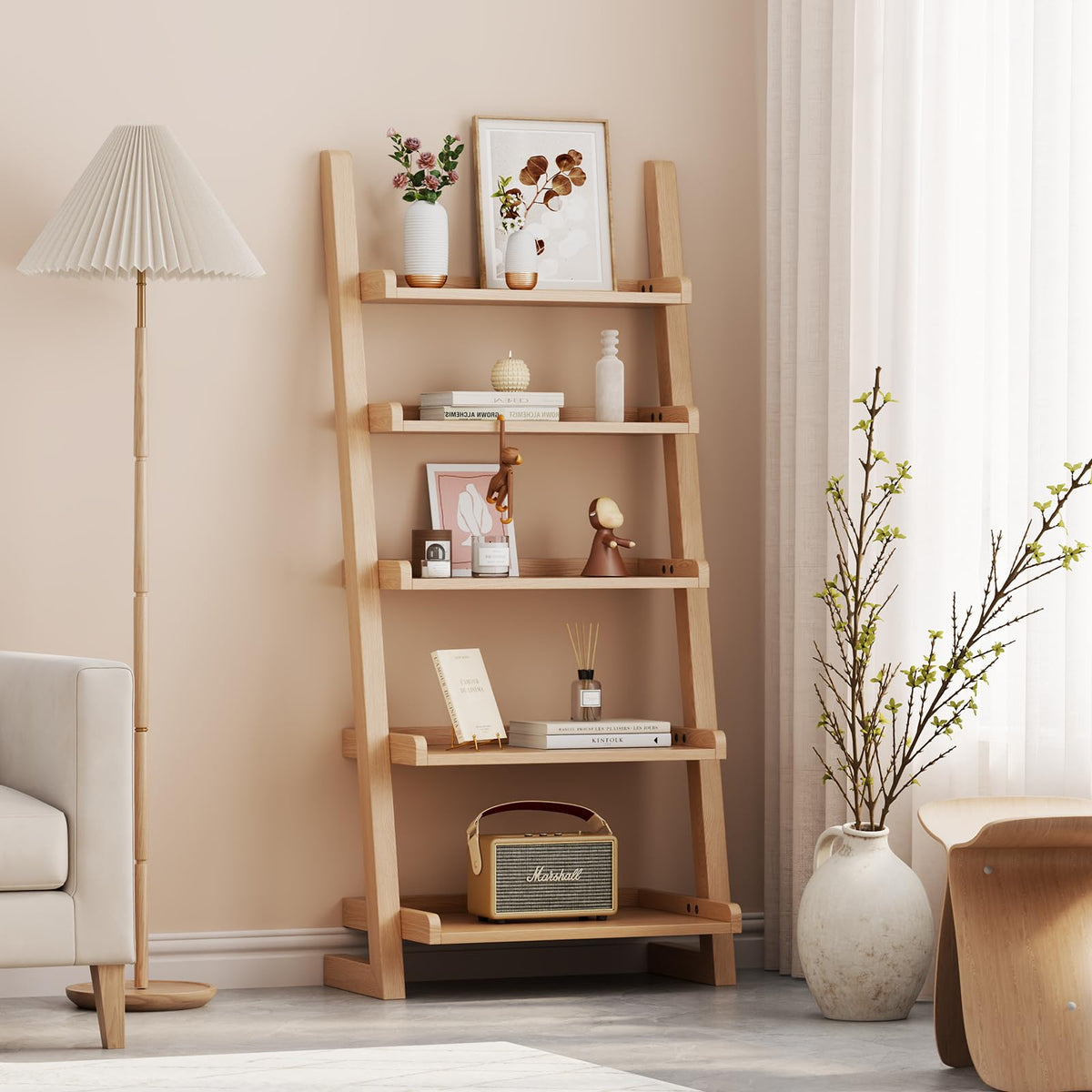 AQIMUELE Wooden Ladder Shelf with Edges, 5-Tier Modern Leaning Bookshelf Ladder – Stylish Space-Saving Bookcase for Living Room, Bedroom & Home Office