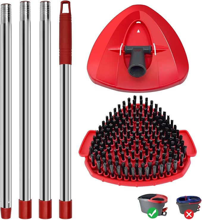 4 Part Stainless Steel Spin Mop Handles, Mop Base & Upgrade Scrub Brush Combo