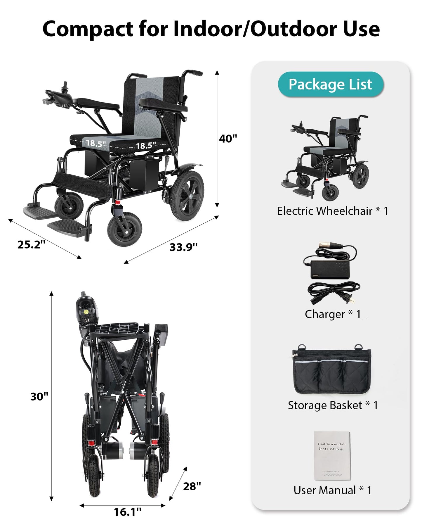 Goldseason 19" Wider Electric Wheelchair - 15 Miles Range, 330 lb Foldable Lightweight Motorized Wheelchair with Large Tire, 360W Power Wheelchair for Home/Outting/Travel(Grey)