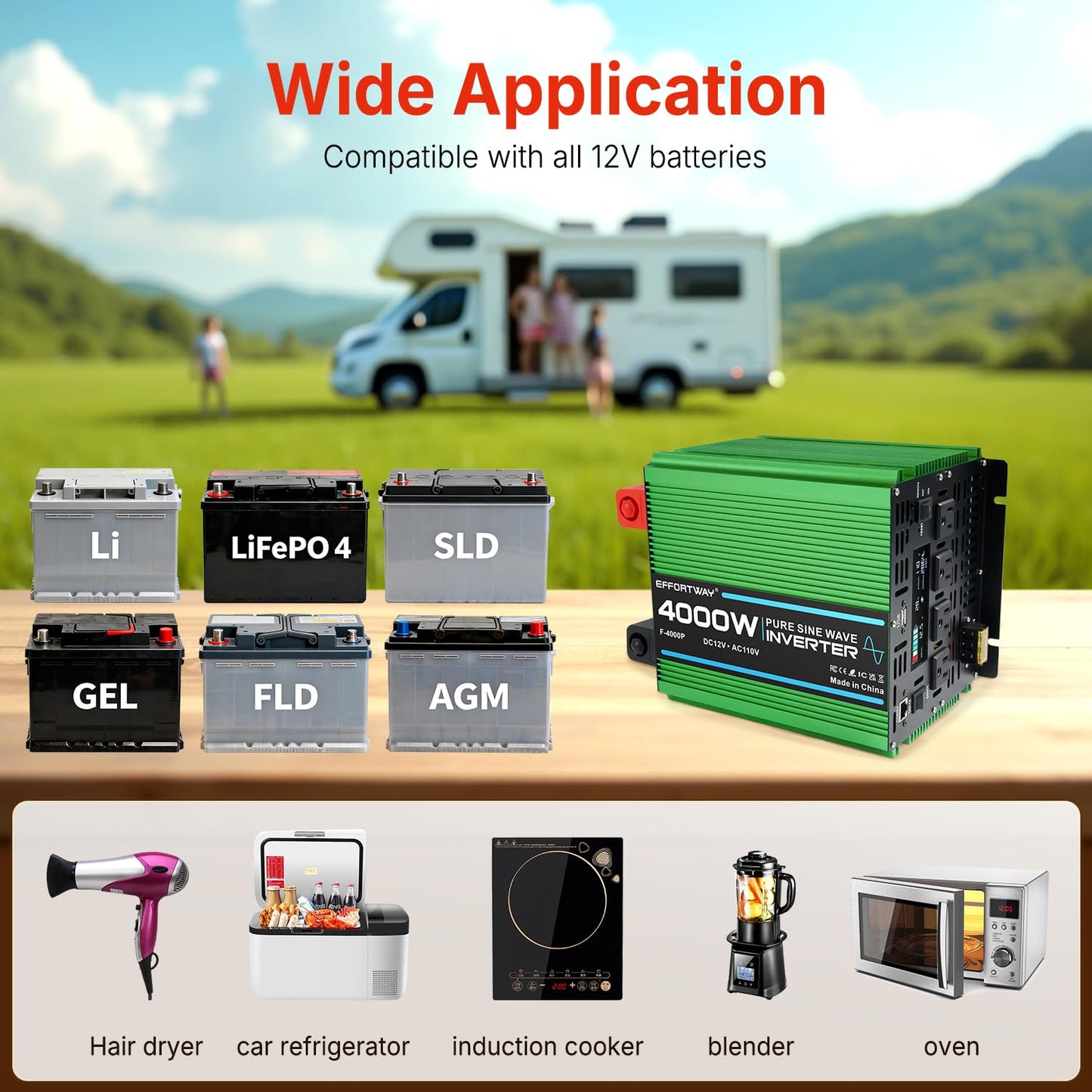 EFFORTWAY 4000W Power Inverter, 12V DC to 110V/120V Pure Sine Wave Inverter with 4 AC Outlets, USB Port, Hardwire Port, Remote Controller, Car Power Inverter for RV, Truck, Boat, Camping, Off-Grid