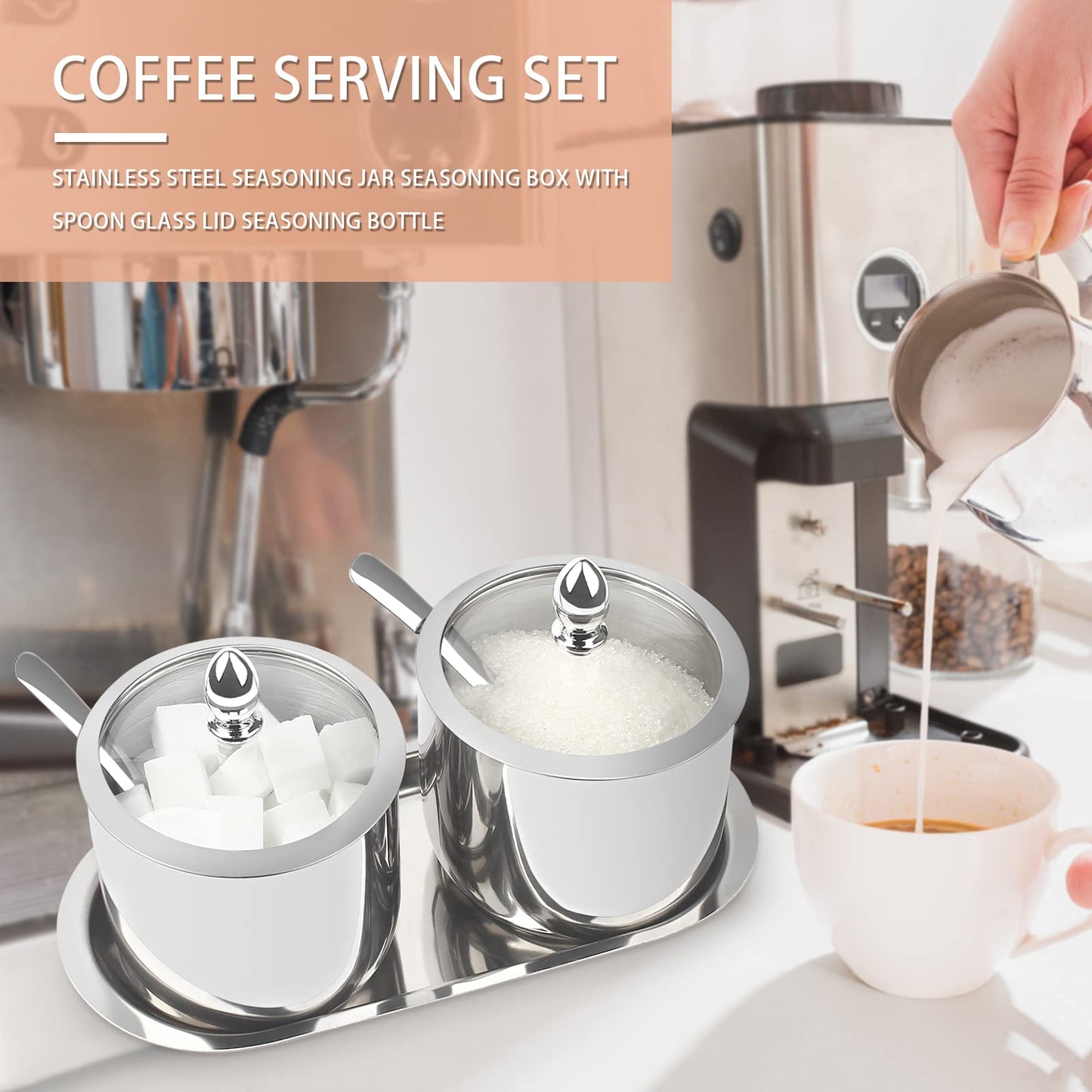 KEMIYIXIAN 2 Stainless Steel Sugar Bowl with Lid Spoon and Tray, Polished Shiny Sugar Bowl,for serving sugar Suitable for home and kitchen- 12 Oz/ 360m