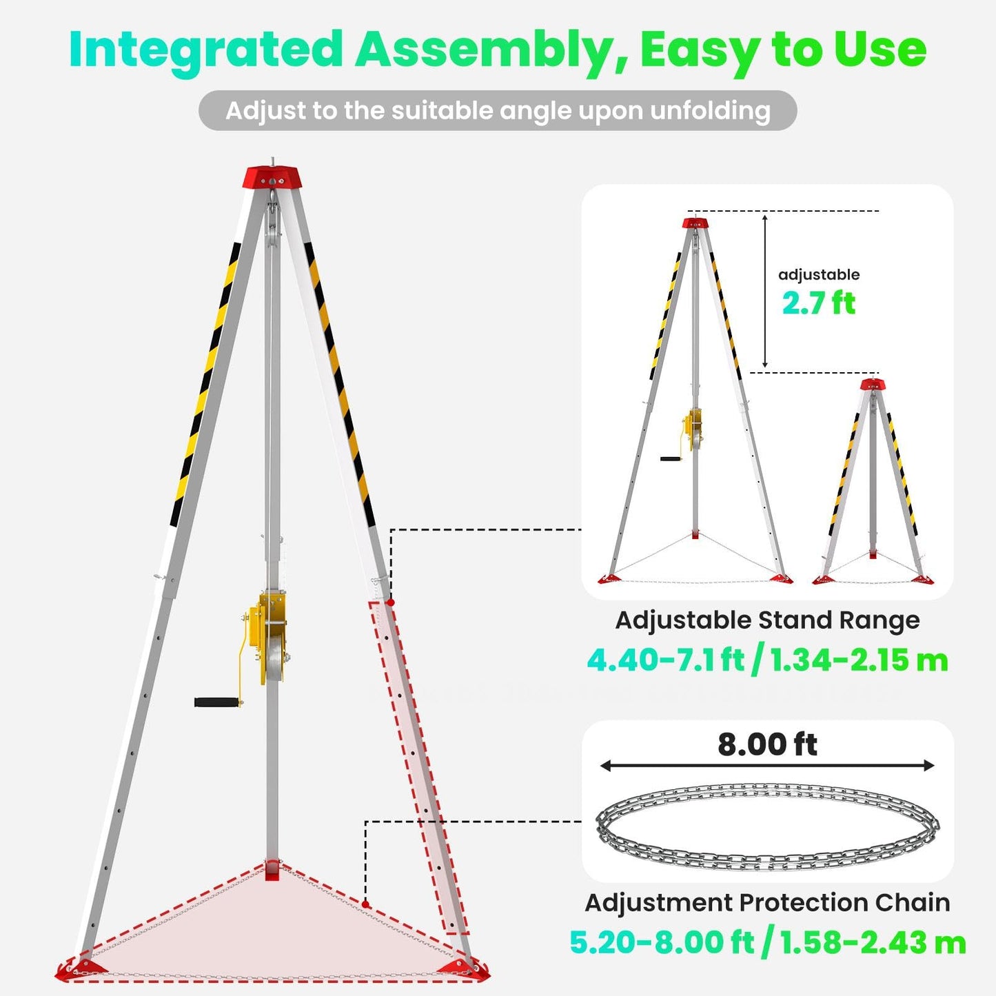 Heavy Duty 2600LBS Confined Space Tripod Kit, Rescue Tripod and Winch with 98FT Steel Cable, Tripod Lifting Hoist & Retrieval System, 4.4-7.1ft Adjustable Legs for Manhole Sewer Rescue