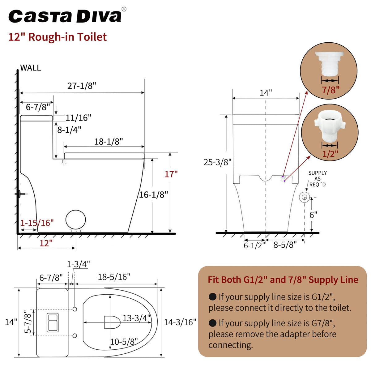 Casta Diva Elongated One Piece Toilet with 17" ADA Comfort Chair Height Seat Compact Toilet for Bathroom Dual Flush 1.1/1.6GPF, 12'' Rough-in, High Efficiency Flush, Standard White Bowl