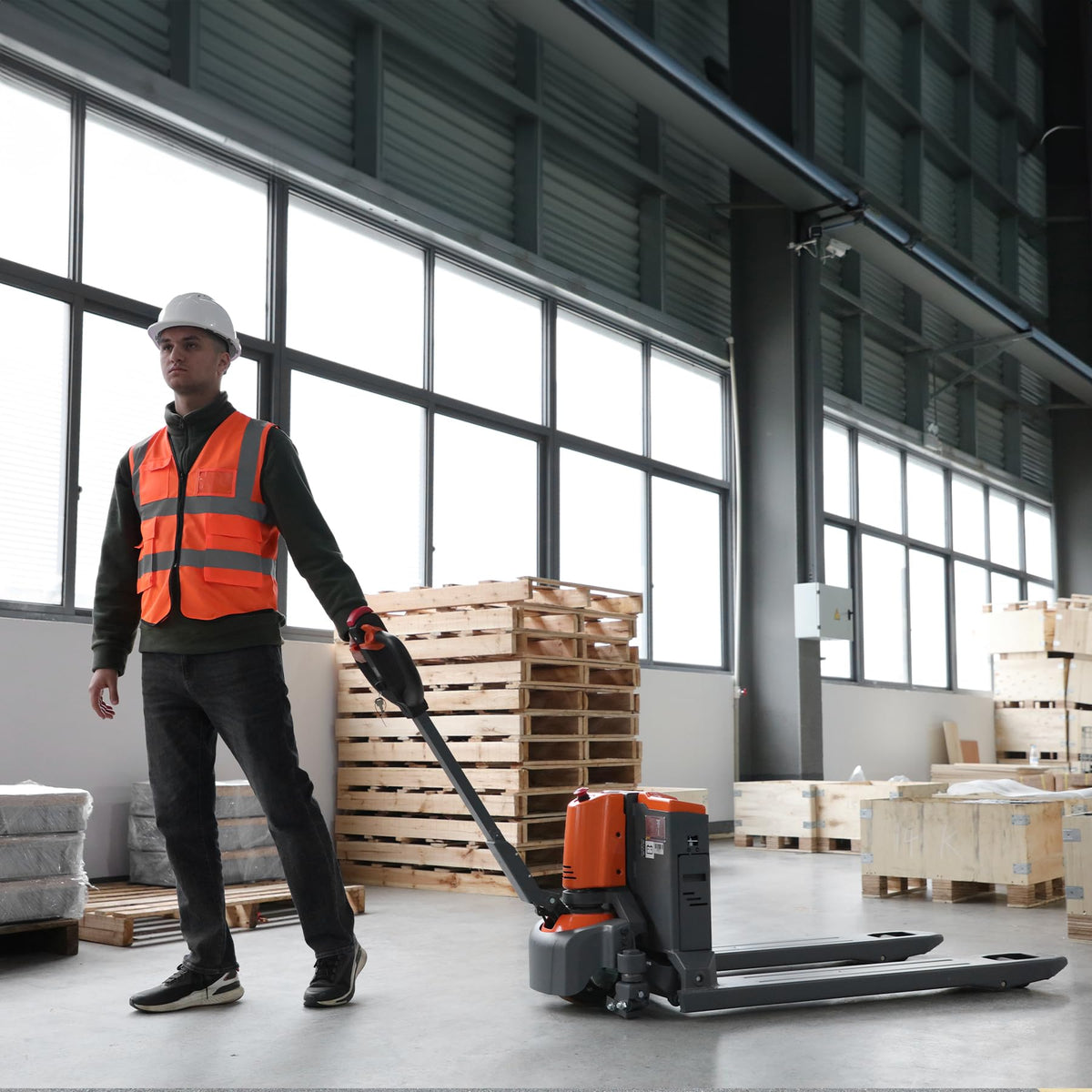 T Tory Carrier Electric Pallet Jack Truck 3300lbs Capacity Lithium Electric Pallet Trucks 48" x27" Forks Li-ion Battery Lift for Narrow Spaces, Easy Battery Replacement-Orange