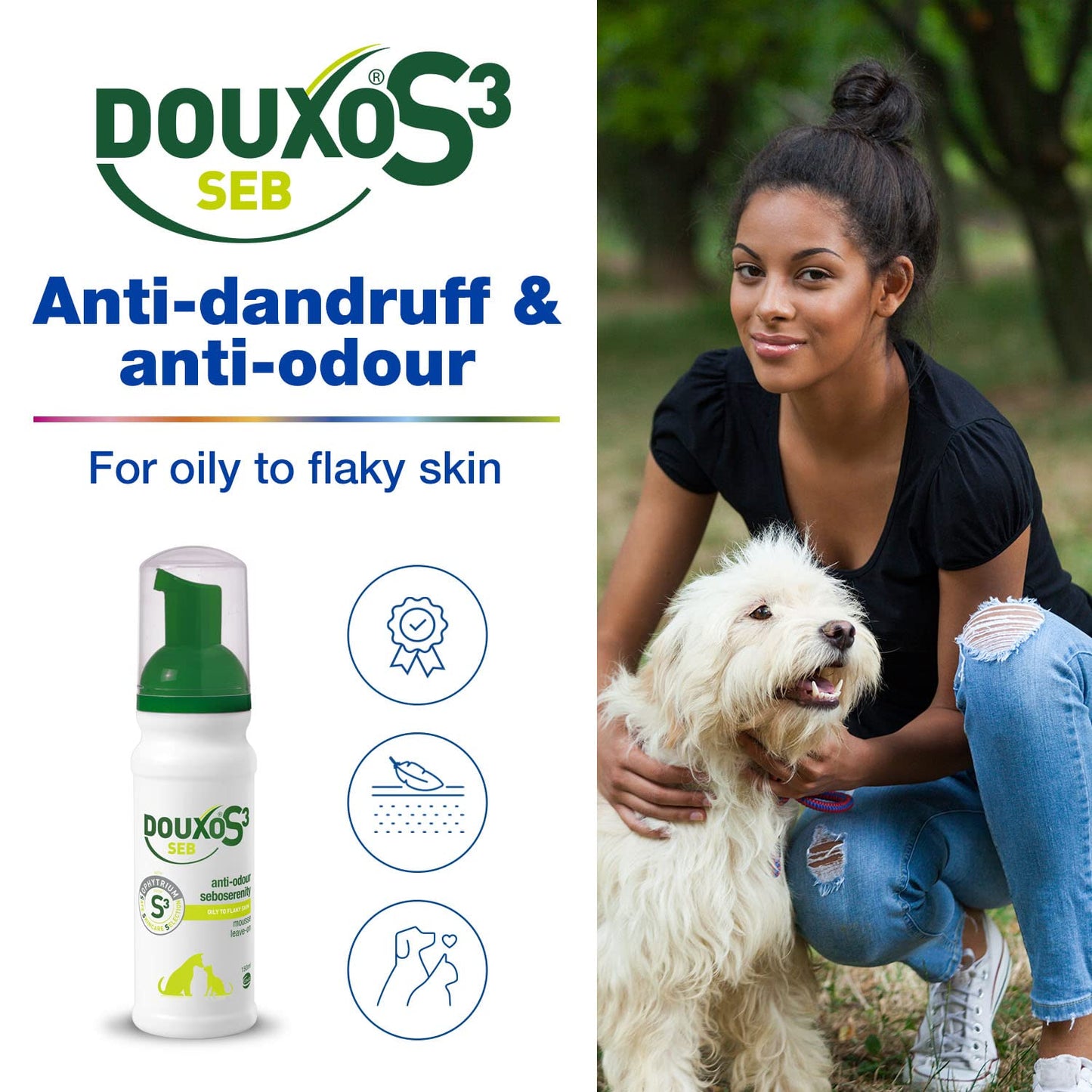 DOUXO S3 SEB Mousse, Dog & Cat Dandruff Solution, Soothing Leave-On Cat Mousse, Effective Mousse for Dog Dermatitis, Flaky & Oily Pet Skin, Hypoallergenic Fragrance, Dog Dandruff Mousse, 150ml
