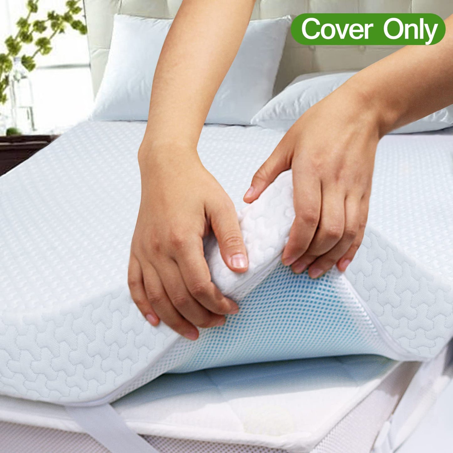 Mattress Topper Cover Queen Size (Only Cover) 3 Inch Mattress Protector Cooling Rayon Zippered Mattress Encasement with Adjustable Straps for Latex Mattress Topper Memory Foam Cover