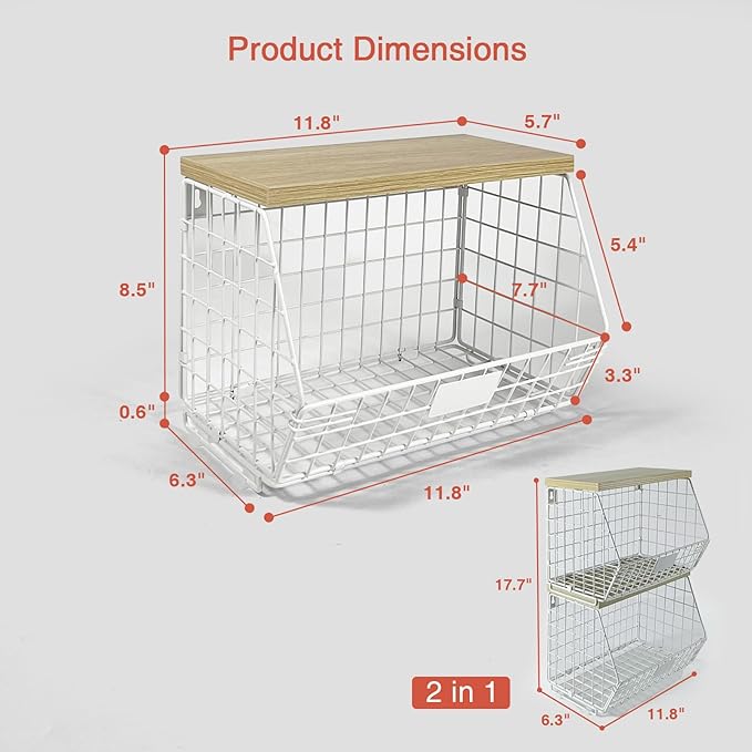 White Fruit Storage Basket for Kitchen Counter Set of 2, Wall Mount Wire Fruit