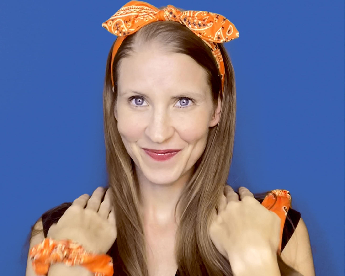 Shimmer Anna Shine Fall & Halloween Orange Knotted Bandana & Bunny Ear Headbands & Scrunchie 3 Pack Set – Soft Cotton-Spandex, One‑Size Women & Girls