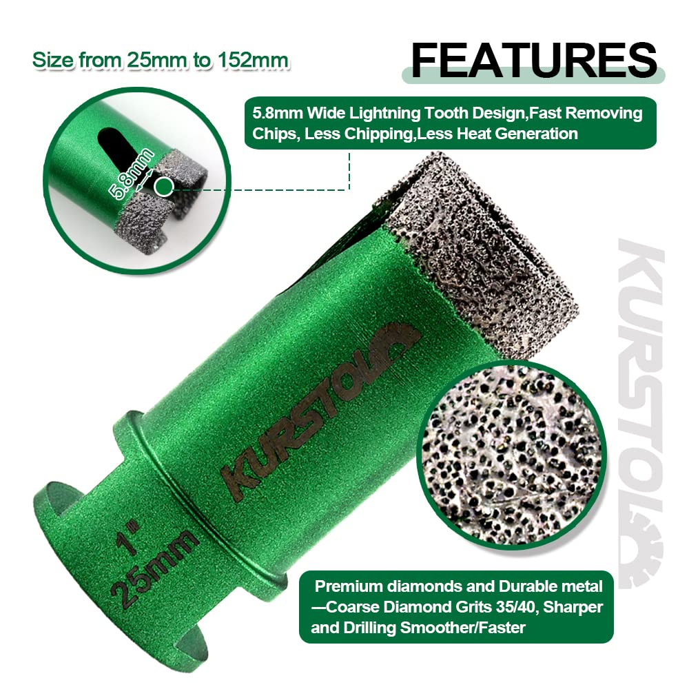 KURSTOL Diamond Core Drill Bits Kit - 6/6/6/20/25/35/50mm+2" Beveling Chamfer Bit+3/4" Finger Milling Bit+SDS Adapter to 58-11" Thread+4.5" Cutting disc for Porcelain Ceramic Tile Granite Marble