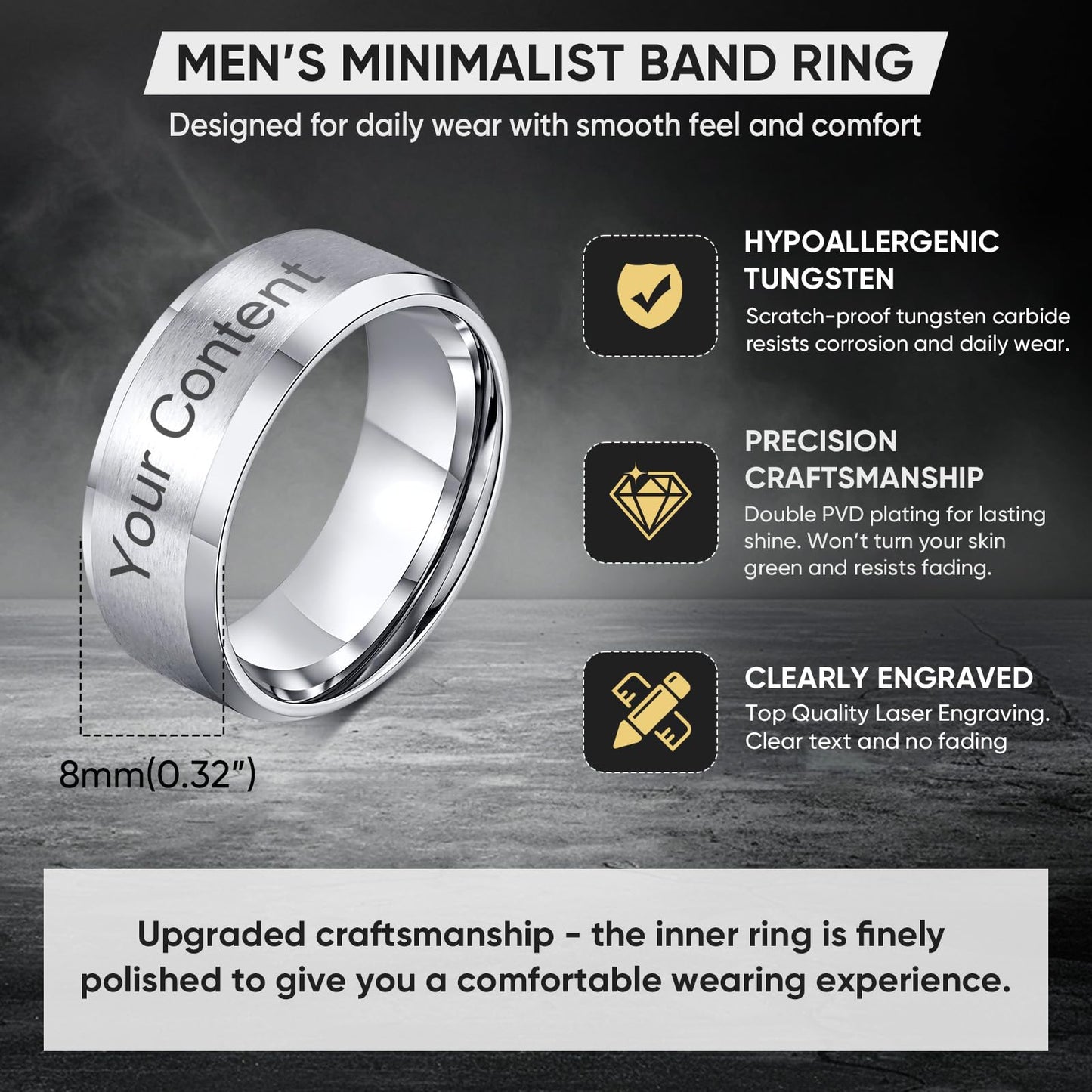 VNOX Mens 8mm Brushed Matte Tungsten Carbide Classical Simple Plain Personalized Custom Name Date Wedding Band Wedding Engagement Ring,Silver,Size 12