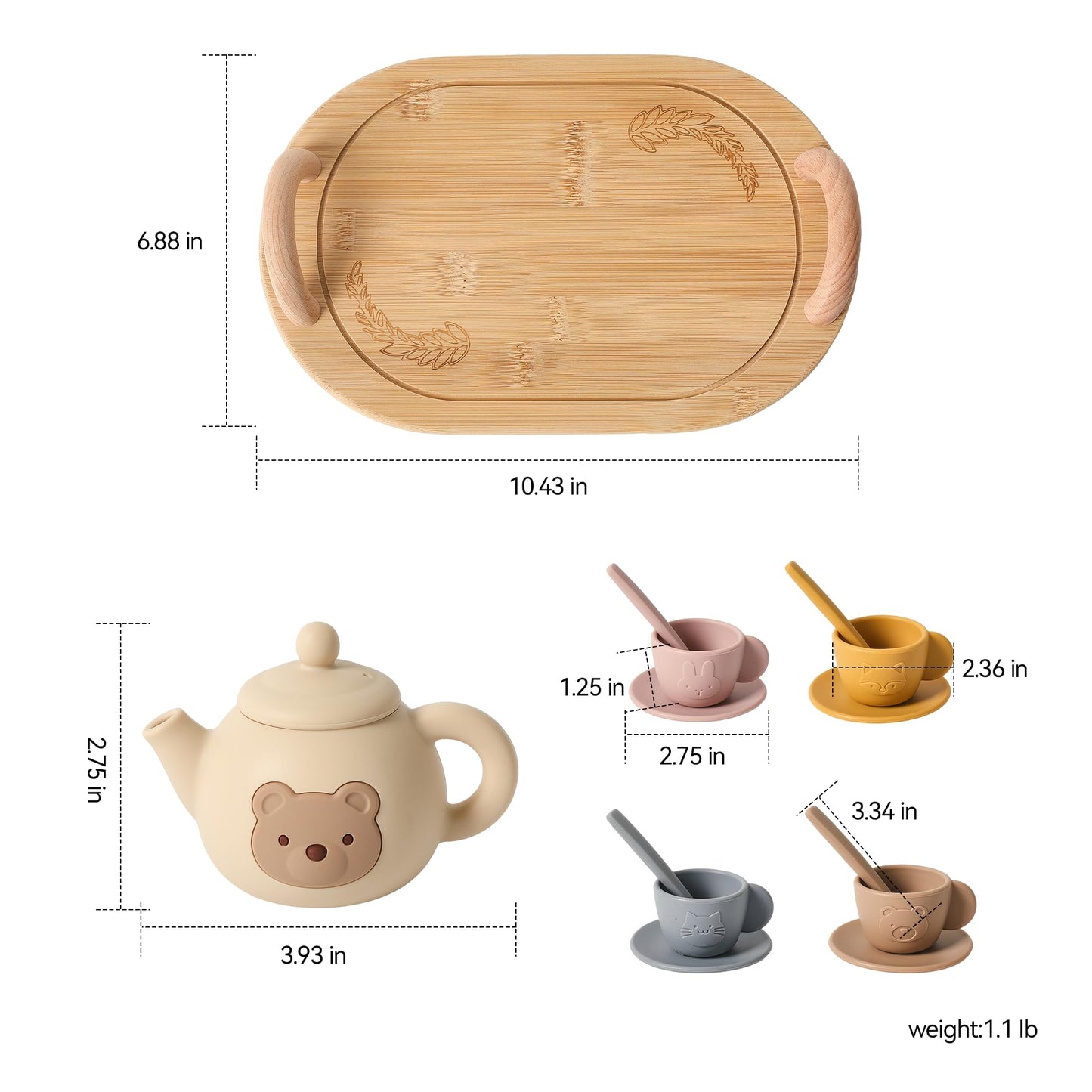 Tea Party Set for Little Girls 1-3 Kids Tea Set with Silicone Teapot Cups Coasters Carrying Scoop Wooden Tray, Kitchen Accessories Pretend Play for Girls Boys Age 3 4 5 (15 Pcs)