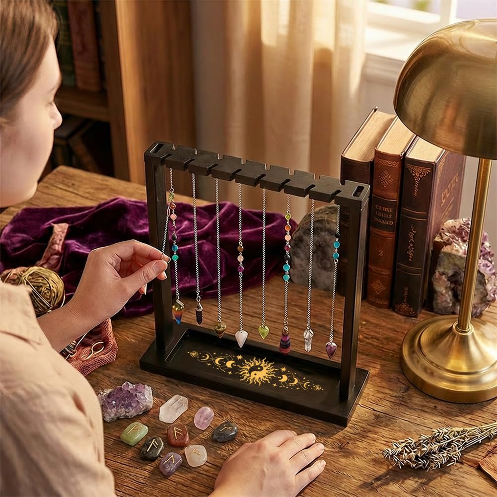 BEUNITONE Taiji Design Display Stand, Wooden Crystal & Jewelry Holder Organiser for Necklaces Stones, Divination Tools and Witchcraft Supplies for Home Decor, Market Stall and Craft Fair Showcase