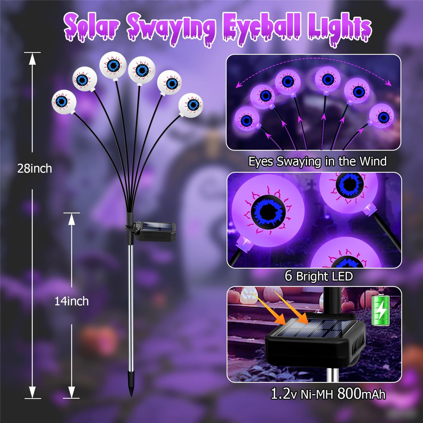 Halloween Decorations Outdoor, 4 Pack 24 LED Solar Purple Scary Eyeball Swaying Lights, Purple Solar Firefly Light Waterproof Outdoor Garden Lights for Halloween Yard Garden Lawn Party Flower Bed