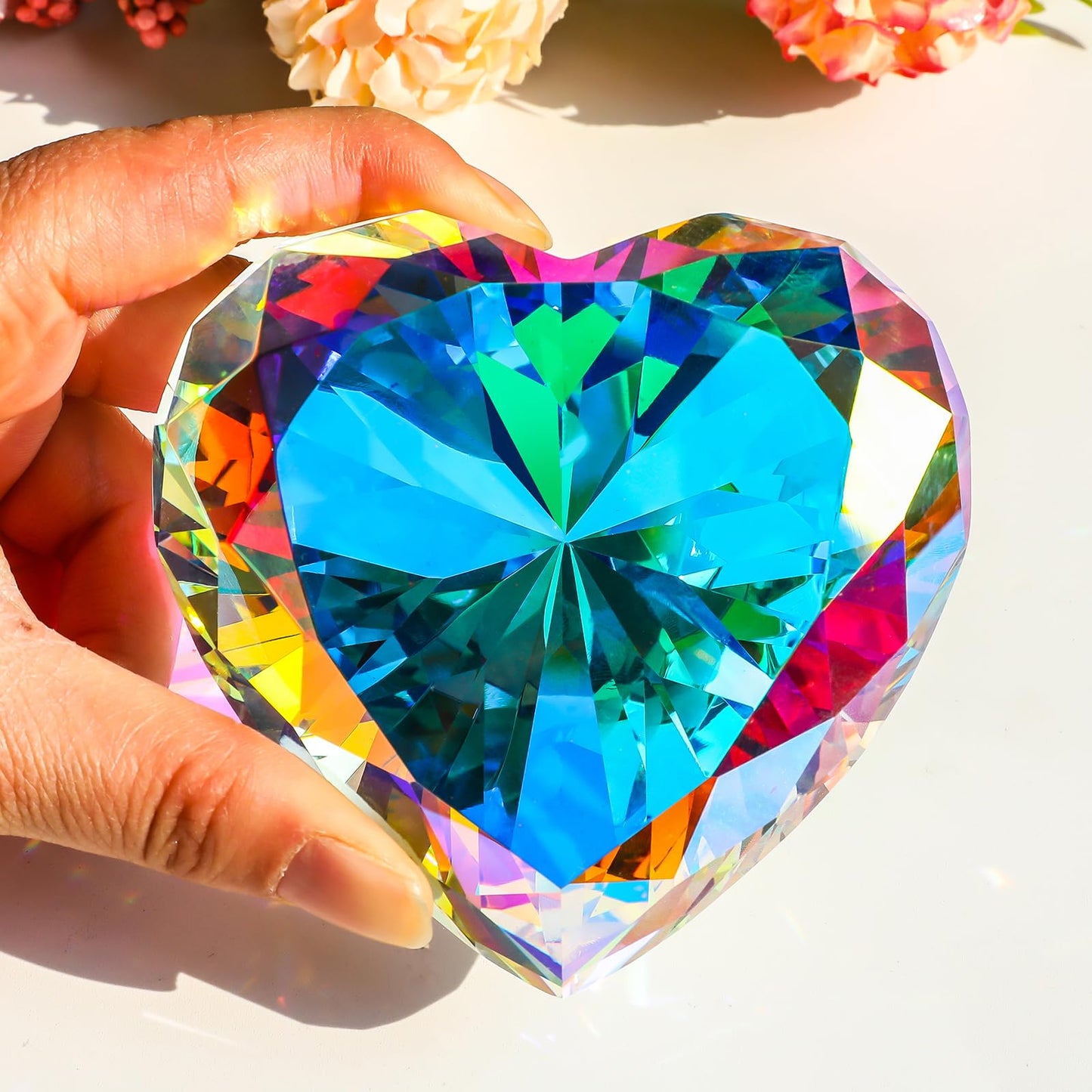 SWTHONY 90mm Crystal Diamond Paperweight Heart Shaped Glass Gems Big Fake Diamonds Paper Weights for Women Desk Wedding Centerpiece AB-Coated