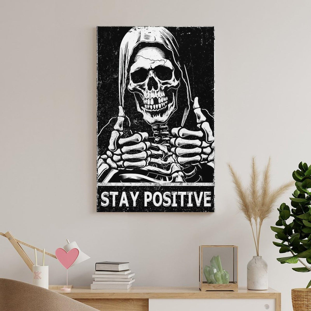 MAIHAIBAO Funny Stay Positive Skull Canvas Wall Art - Dark Humor Grim Reaper Poster - Motivational Gothic Decor for Bedroom & Office - 12x18 Inch (Unframed)
