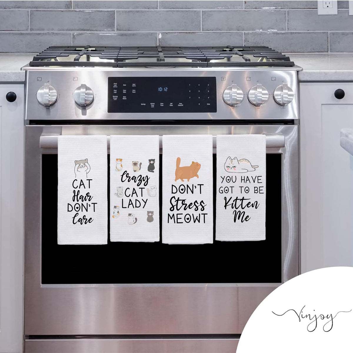 Vinjoy Funny Cat Puns Kitchen Dish Towels Set of 4 – Microfiber Waffle Tea Towels – Housewarming Gifts, Cat Lady Kitchen Gifts, Decorative and Functional Funny Towels for Home, Wedding, Secret Santa