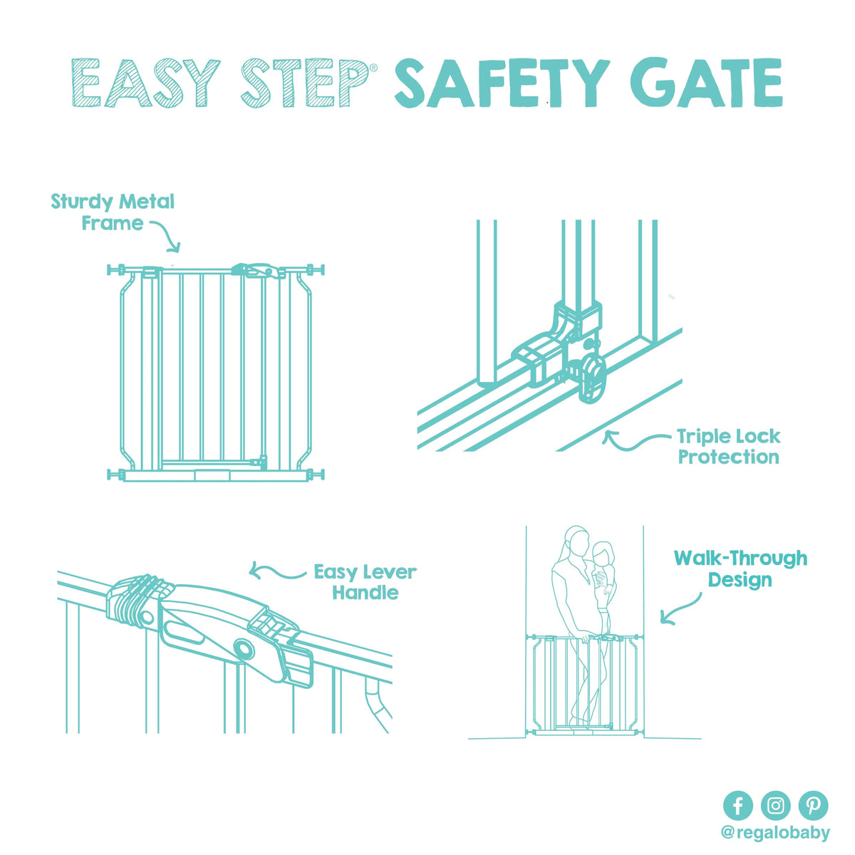 Regalo Safety 29-38.5" Baby Gate for Doorways & Bottom of Stairs, Pressure Mounted Baby Gate with Door for Babies, Toddlers & Pets, Tested & Safe for 30 Years, American Designed, American Owned, White