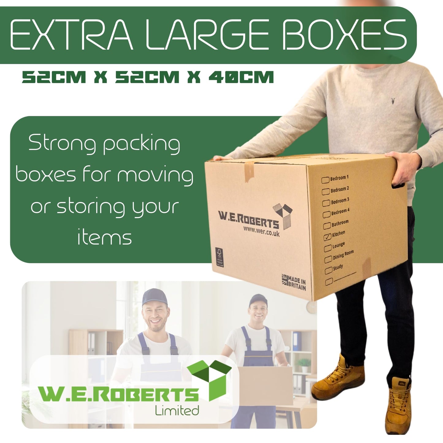 W.E. Roberts 10 Strong Extra Large Cardboard moving Boxes. Packing boxes for moving house with Printed Room List and Carry Handles 52cm x 52cm x 40cm cardboard Boxes