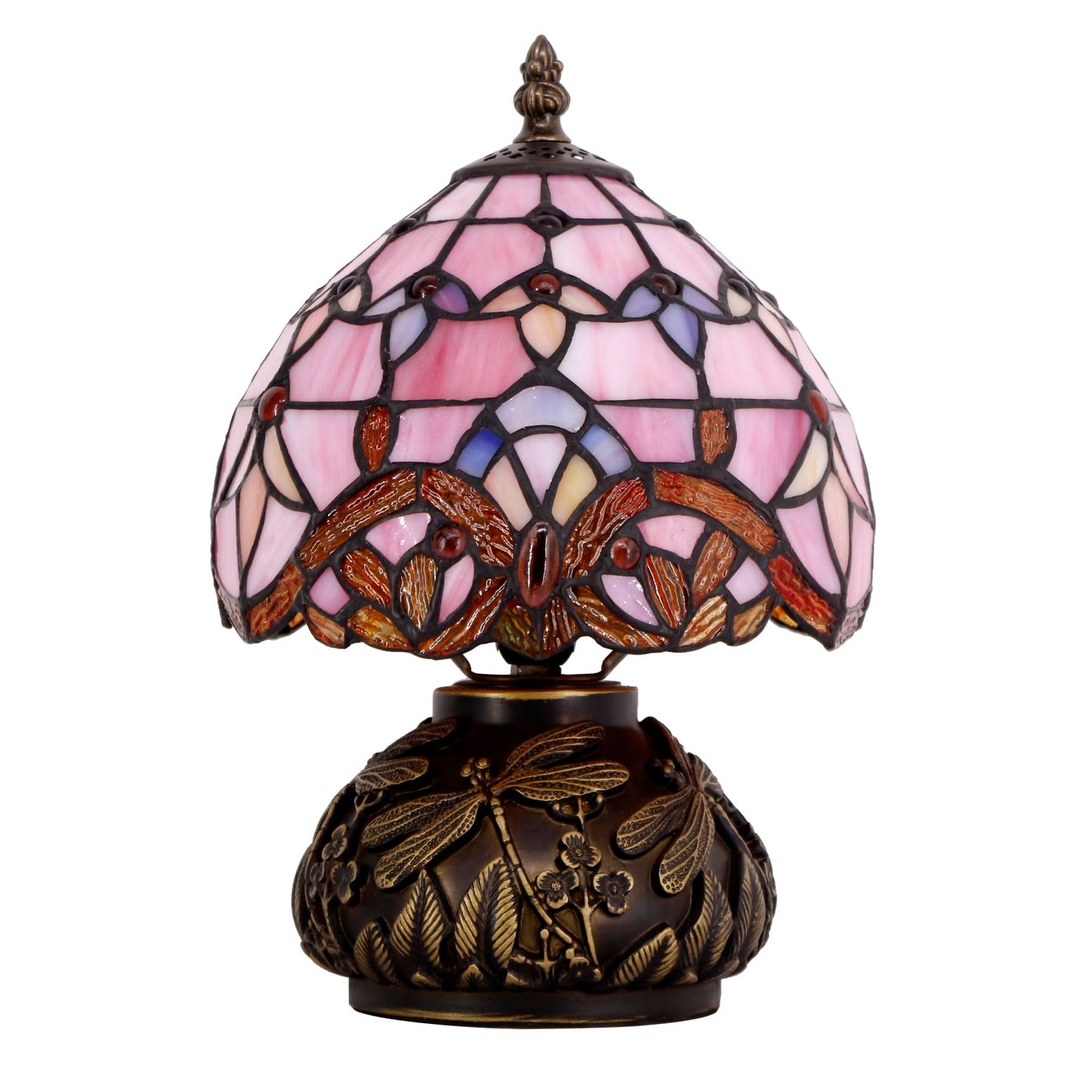 WERFACTORY Small Tiffany Lamp Desk Pink Stained Glass Baroque Mushroom Table Lamp Bronze Mini Accent Lamp W8H11 Inch S003P Series