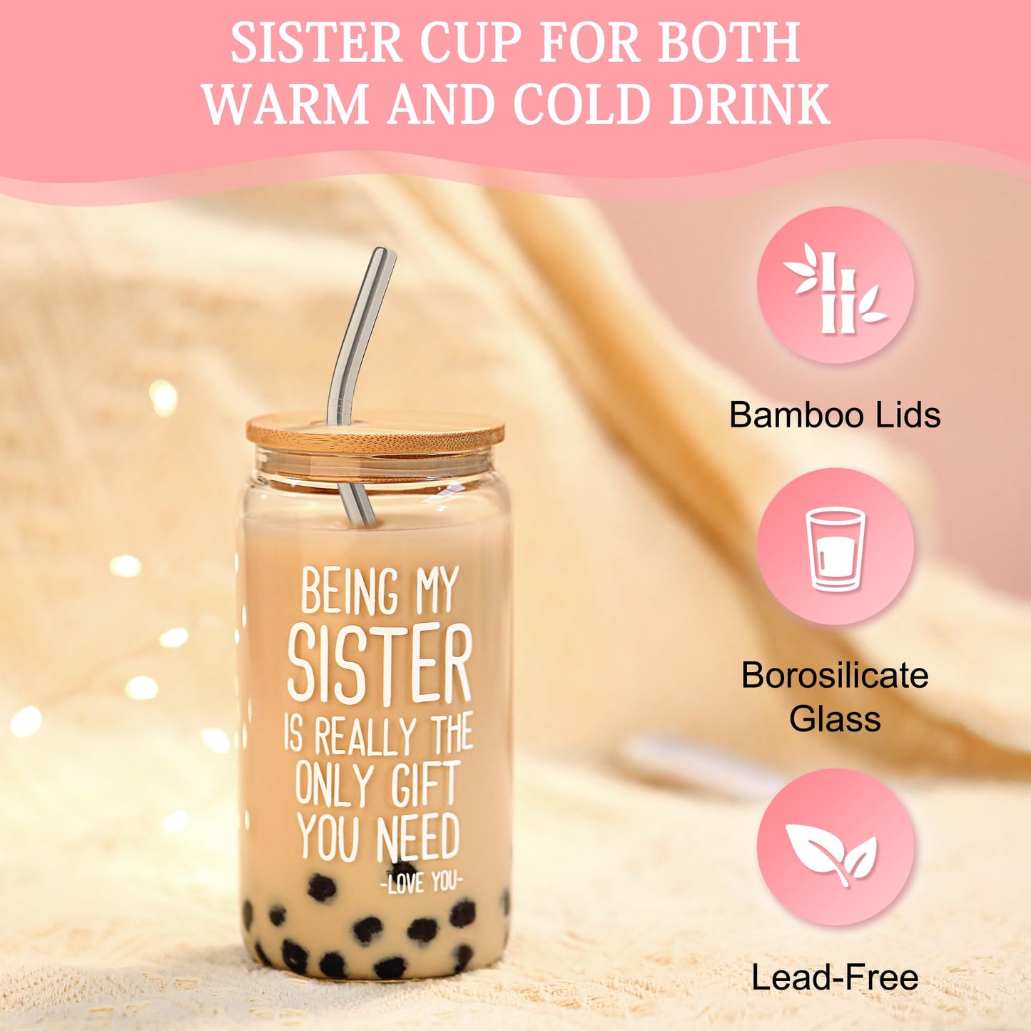 Sister Gifts from Sisters Birthday Gifts for Sisters Adult Best Sister Ever Gift Ideas for Women Cool Presents Set with Funny Glass Cup, Unique Makeup Bag, Scented Candle, Bracelet, Keychain, Card