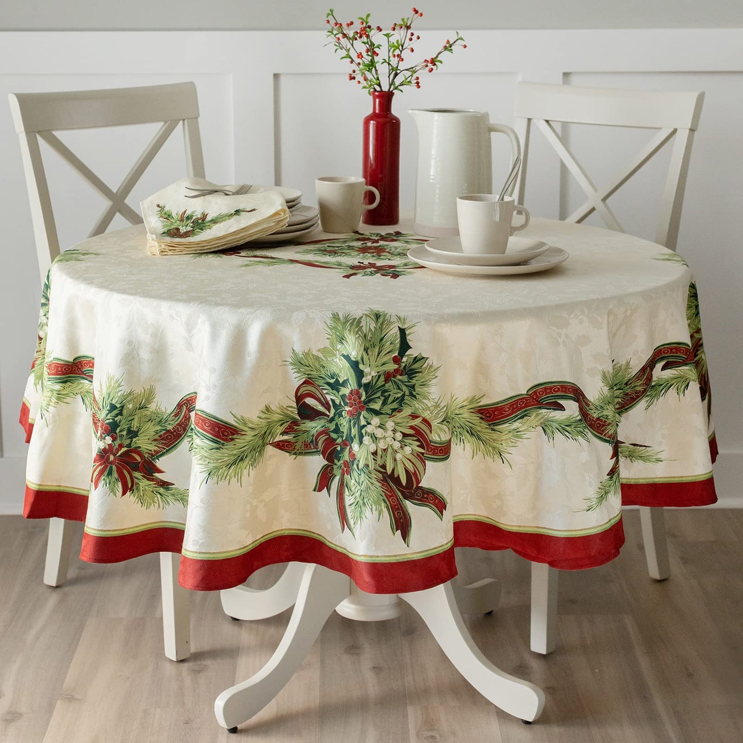 Benson Mills Christmas Ribbons Engineered Printed Fabric Table Cloth, Winter, Holiday and Christmas Tablecloth (70" Round, Xmas Ribbons)