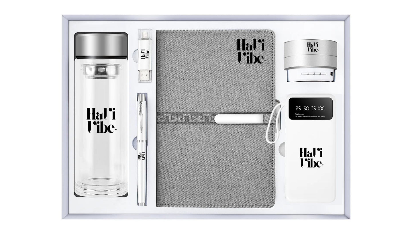 HaVi Vibe 6-in-1 Promotional Gift Set with Glass Water Bottle, Notebook, Power Bank, Wireless Speaker, Flash Drive, Great Gift for Co-Worders & Teachers, Grey