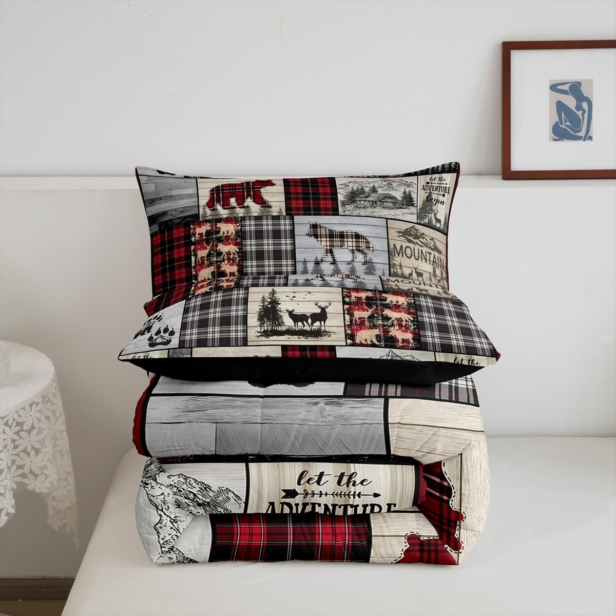 Rustic Cabin Comforter Set Queen Woodland Wolf Deer Bear Comforter For Kids Adults,Red Black Buffalo Plaid Bedding Set Wildlife Camping Lodge Mountain Quilt Bedding Southwestern Farmhouse Decor