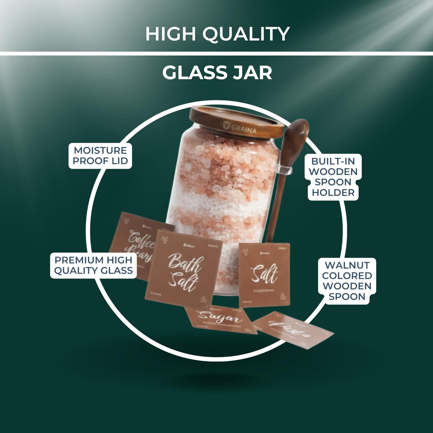 Graina Large Bath Salt Container with Scoop | 74 oz Bath Salt Jar with Lid & Scoop | Airtight Glass Canister, Premium Dark Acacia Lid, Bathroom Storage, Sugar & Coffee Canister, Home Storage