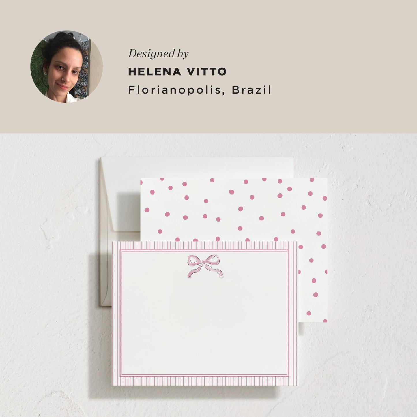 Minted Pink Bow Stationery Set, Set of 10, Flat Note Cards & Envelopes for Invitiations and Handwritten Thank You Messages, Pink Ribbon with Striped Back, Gifts for Women, Luxurious Paper