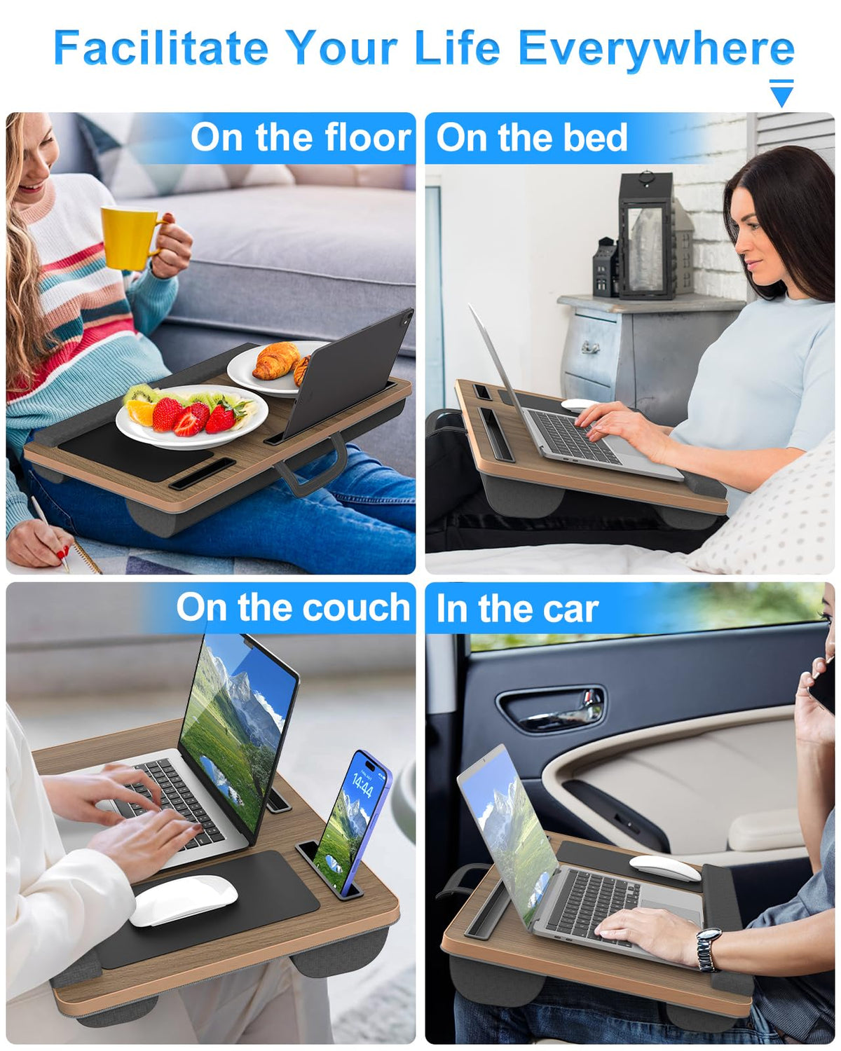 Laptop Lap Desk, Portable Large Laptop Desk for Bed, Up to 17 in Lap Table with Wrist Rest, Mouse Pad, Tablet Phone Slot, Portable Handle, Cushion (Dark Brown Woodgrain)