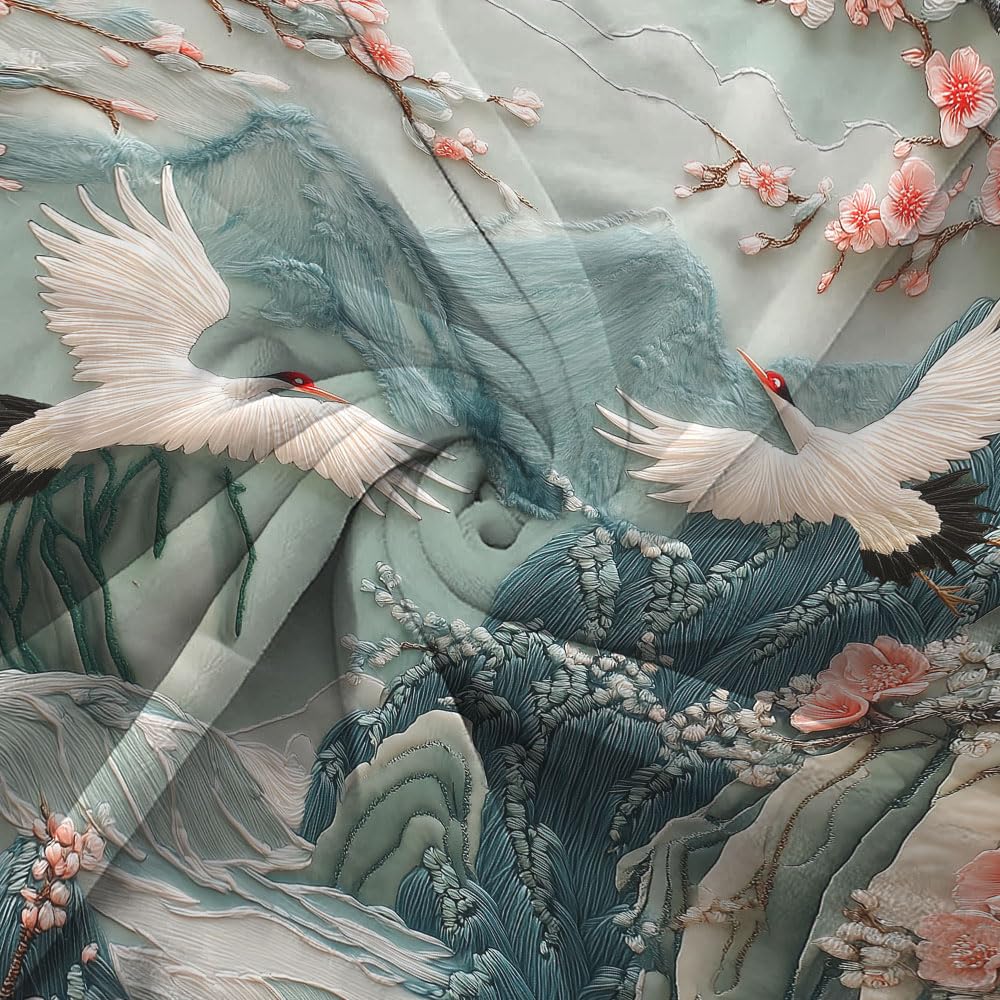 DYNH Asian Nature Landscape Crane Throw Blanket,Cherry Blossom Mountain Floral Bird Blanket for Adult Women Girls Teens, Asian Anime Plush Cozy Fuzzy Travel Blankets for Couch Bed,Multi1,50X60