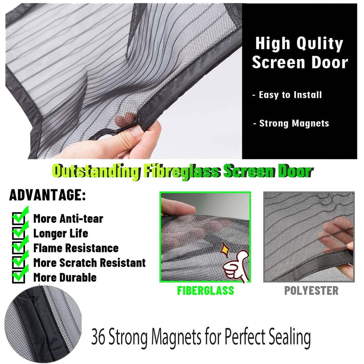 Magnetic Garage Door Screen 18x9ft for 2 Car Garage Retractable, Durable Heavy Duty Fiberglass Screen Mesh with Strong Magnets for Garage Door, Easy to Install (18x9ft Black)