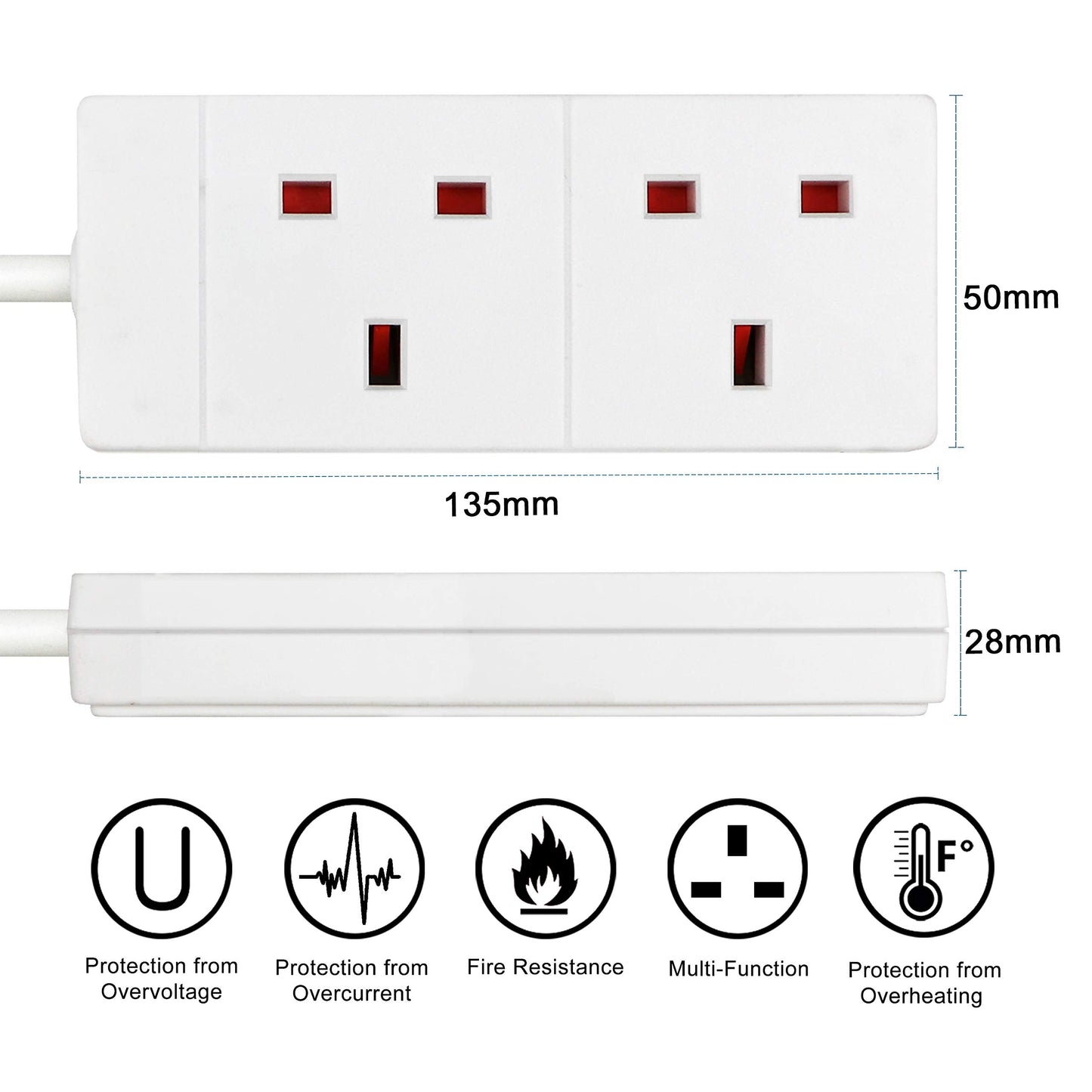 ExtraStar 2 Way Extension Lead, 13A Fused UK Plug Extension Socket, 1M Extension Cable Power Strip - White